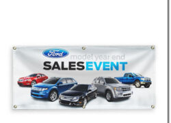 White promotional vinyl banner with a printed car sales design White promotional vinyl banner with a printed car sales design