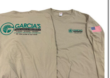 Tan work shirt printed with a green business logo