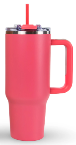 Coral pink 40-ounce handled tumbler with lid and straw