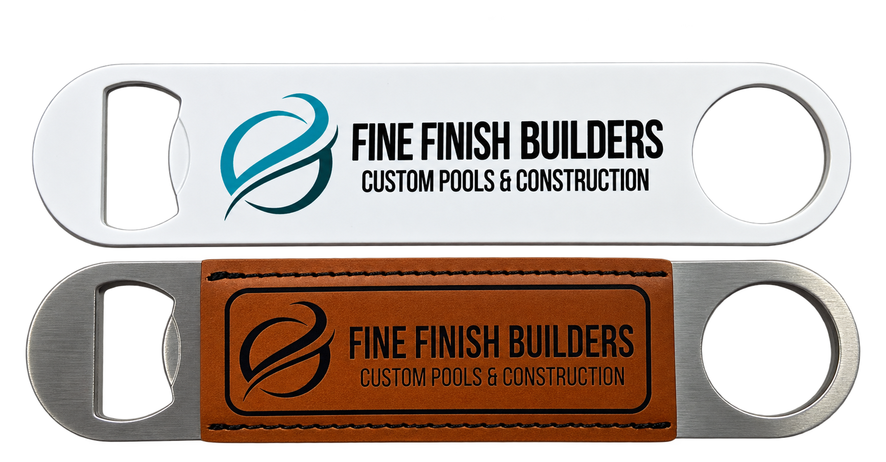 Fine Finish Builders logo on full-color printed and laser engraved leatherette bottle openers