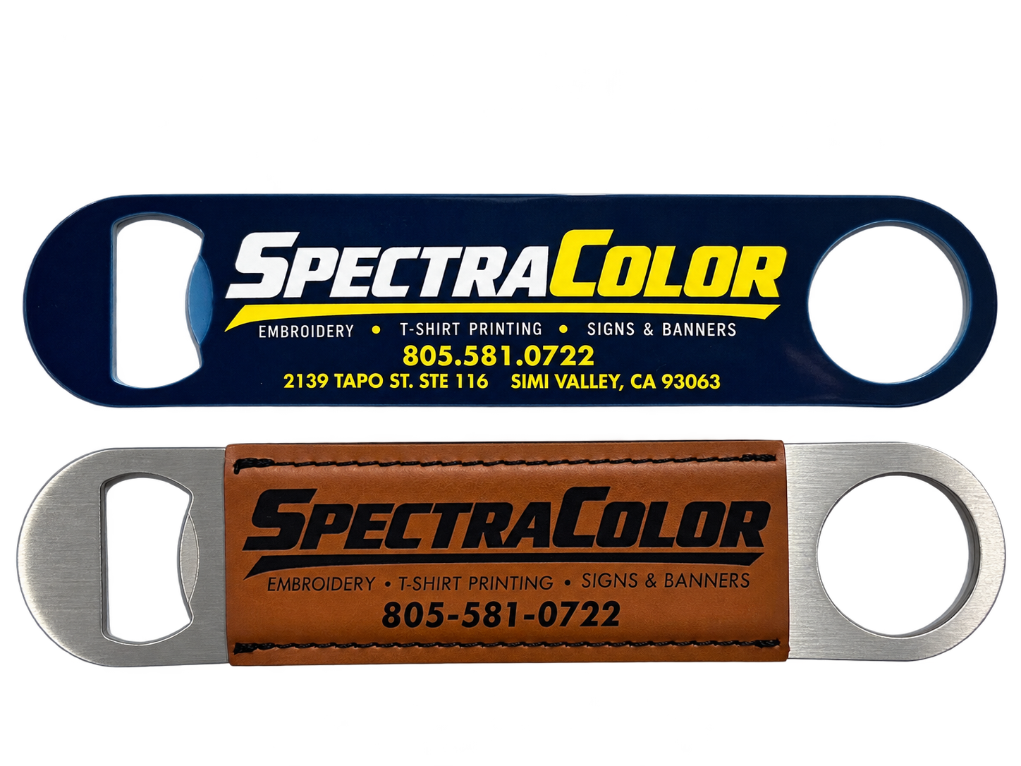 SpectraColor bottle openers with a full-color navy logo design and laser engraved brown leatherette design