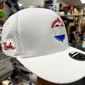 White custom hat with red white and blue front embroidery and red side lettering