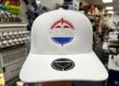 White hat with red white and blue embroidered logo at SpectraColor in Simi Valley