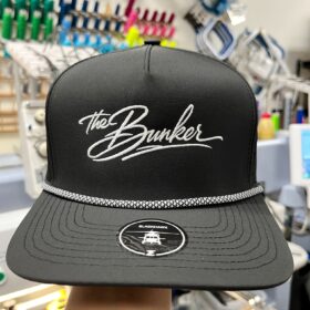 Black rope hat with white The Bunker script embroidery by SpectraColor