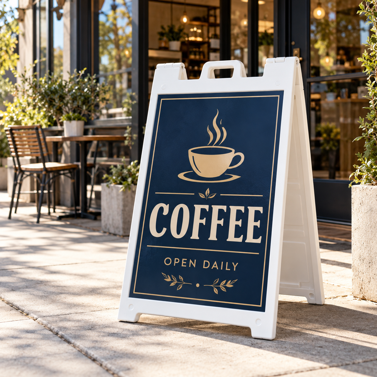 a-frame-storefront-hero White A-frame sidewalk sign with a navy and gold coffee design outside a cafe