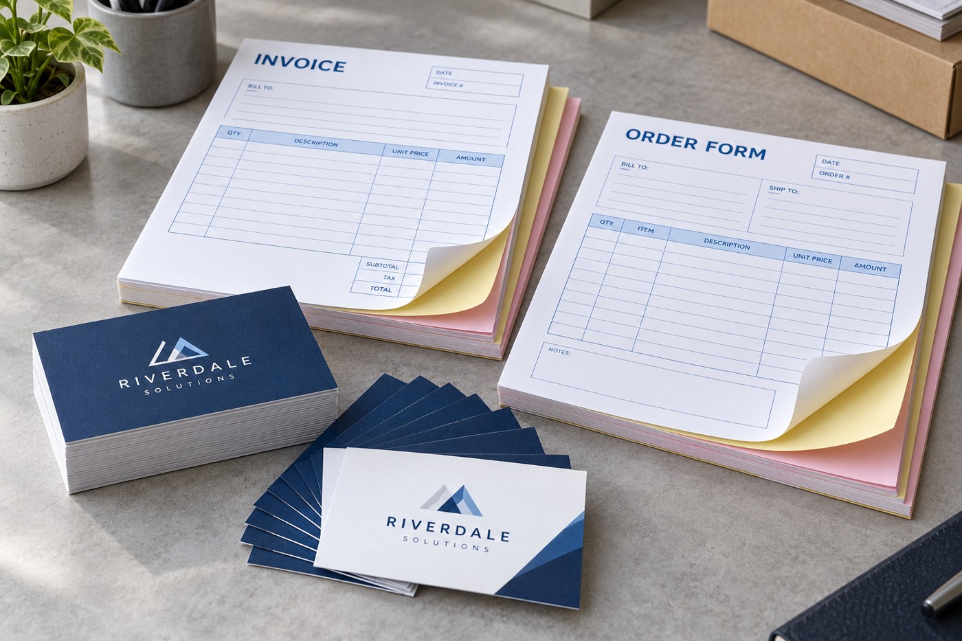 Sample business cards and multipart NCR carbonless forms
