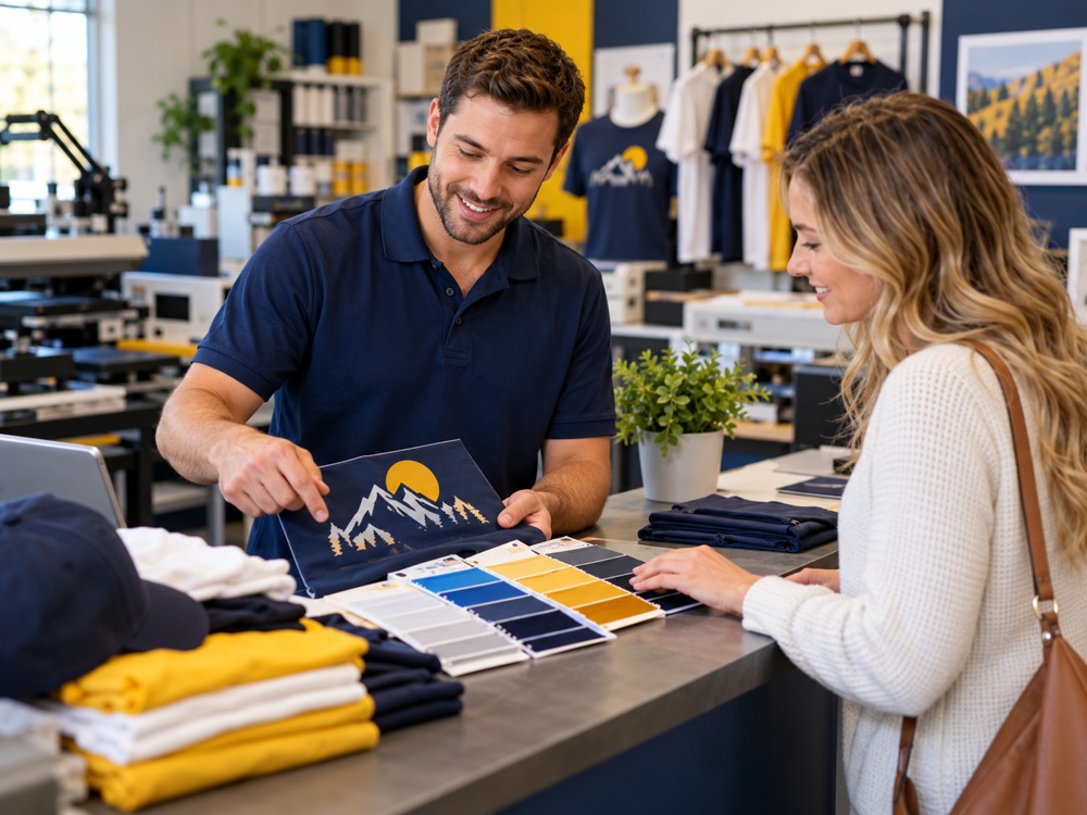 Sample customer consultation comparing garment and color options