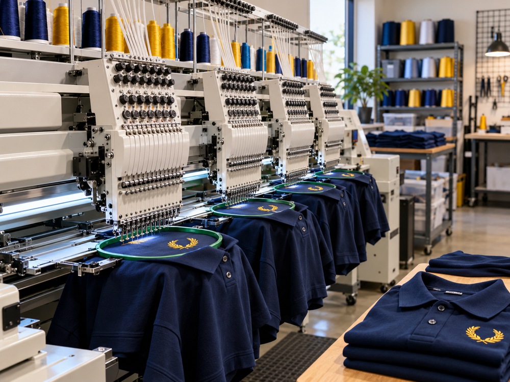 Sample industrial multi-head embroidery machine stitching garments