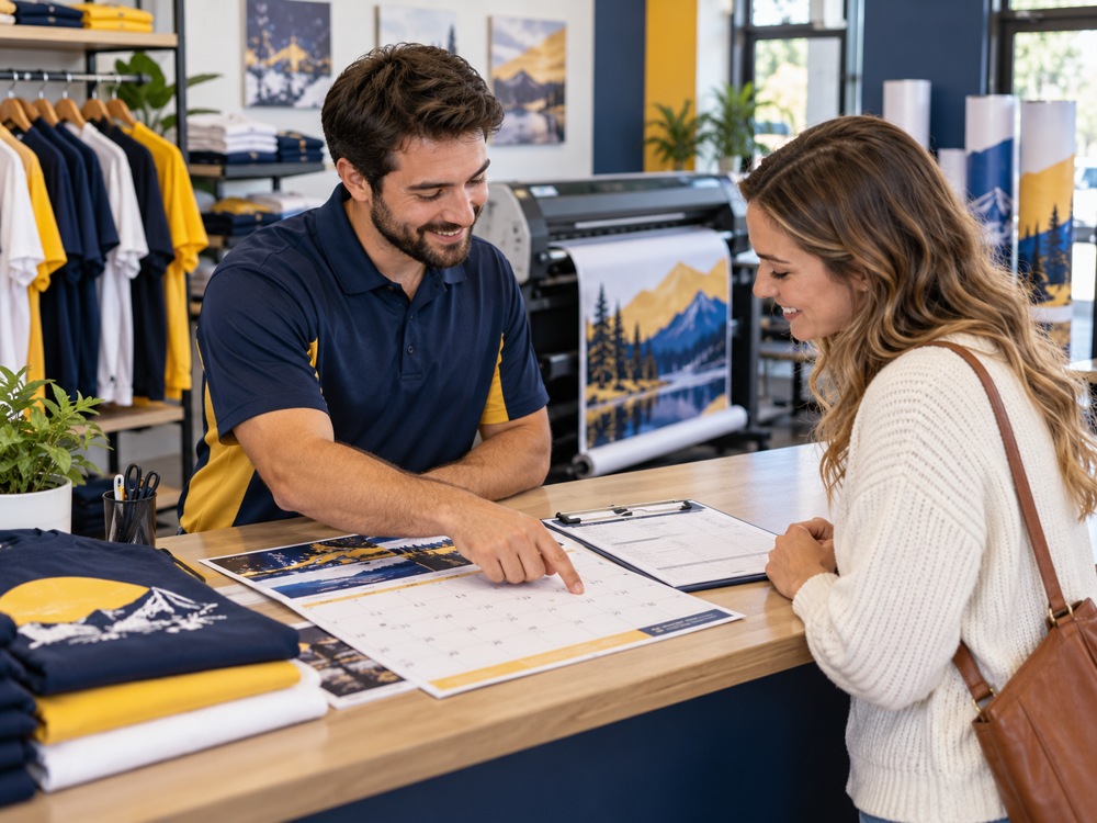 Sample customer and shop consultant reviewing a project deadline