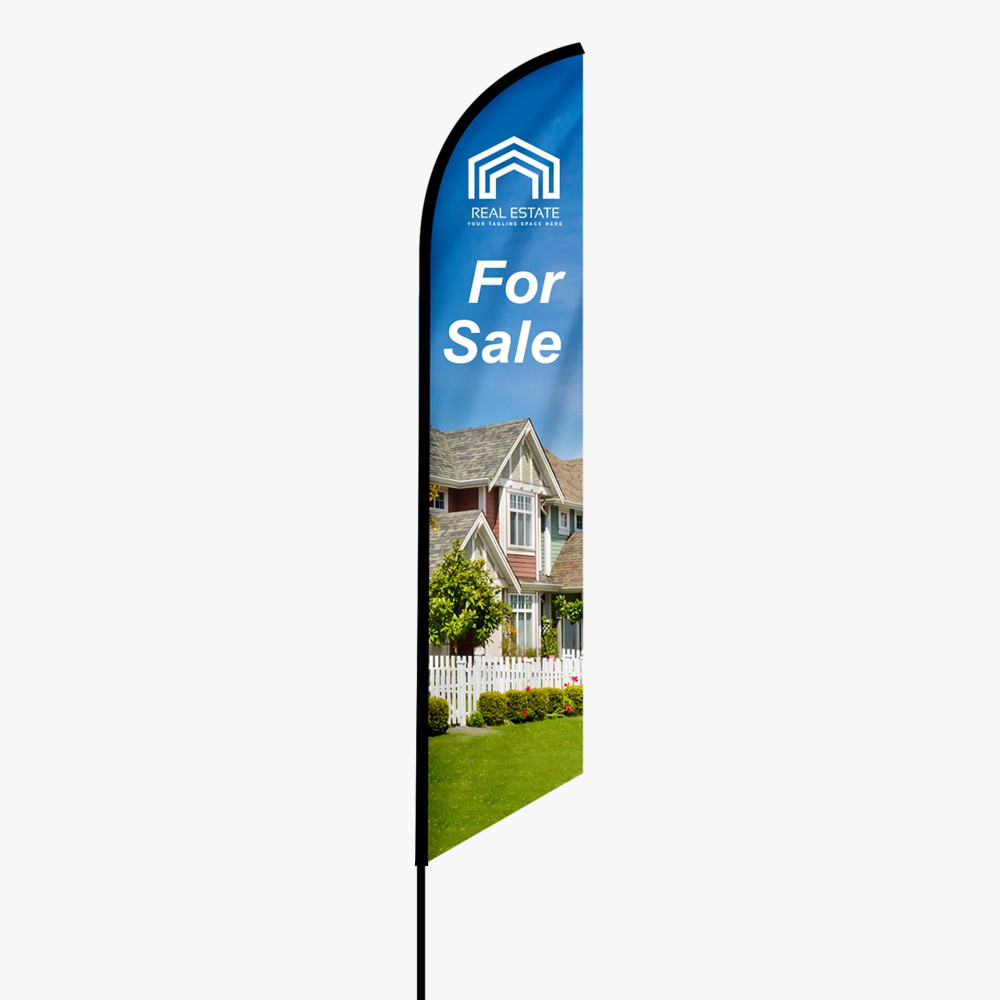 Custom feather angled advertising flag with printed real estate design