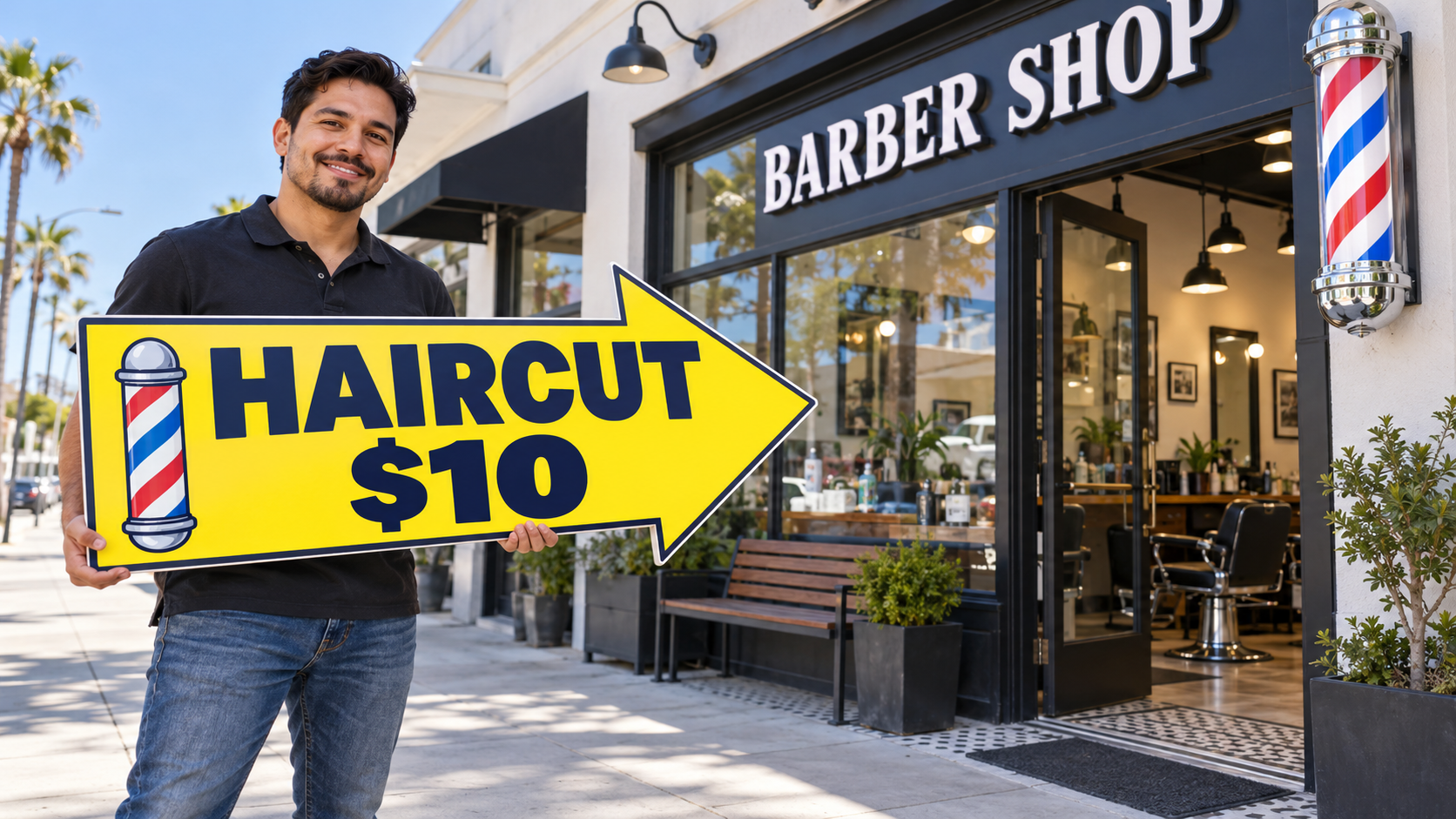 Man holding a yellow Haircut $10 arrow sign pointing right toward a barber shop entrance