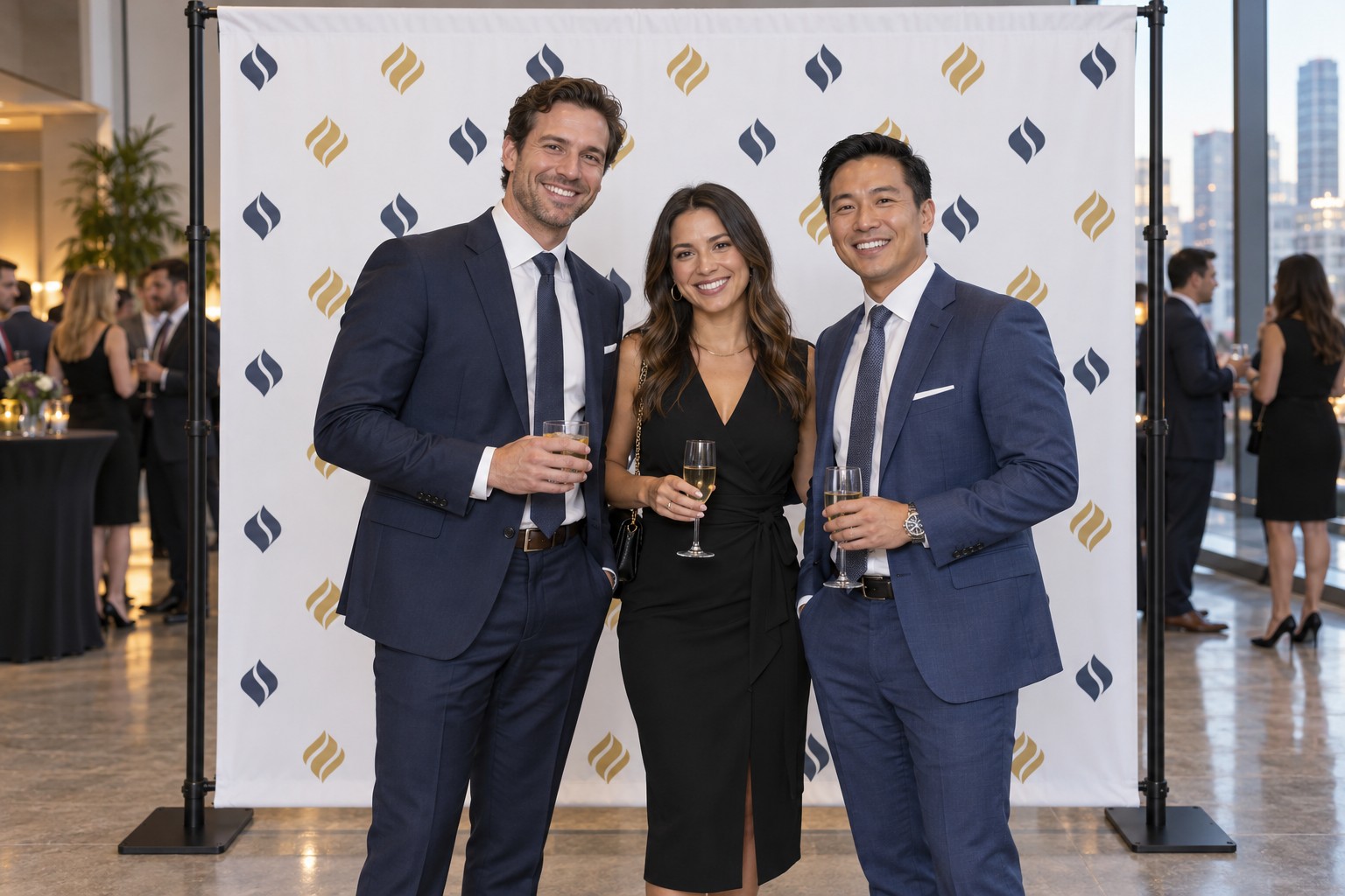 Three businesspeople posing in front of a step and repeat logo backdrop Three businesspeople posing in front of a step and repeat logo backdrop