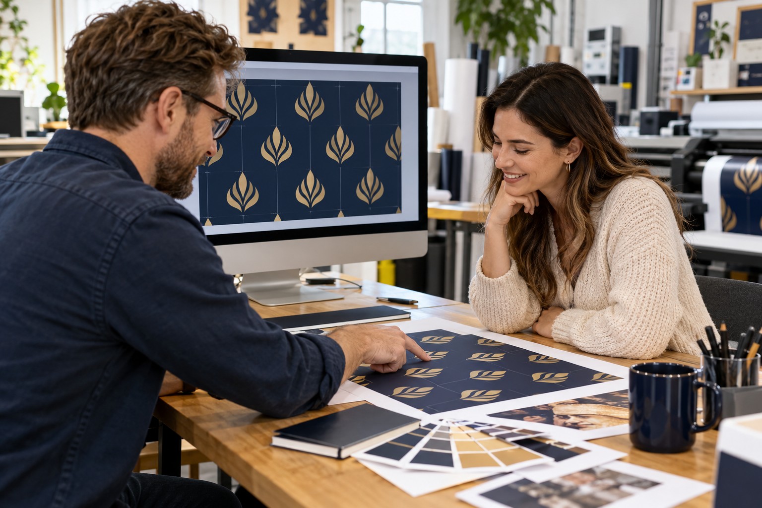 Two people discussing a backdrop logo layout on a computer screen Two people discussing a backdrop logo layout on a computer screen