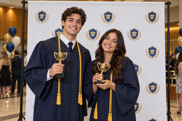 Students holding medals and trophies in front of a school awards backdrop Students holding medals and trophies in front of a school awards backdrop