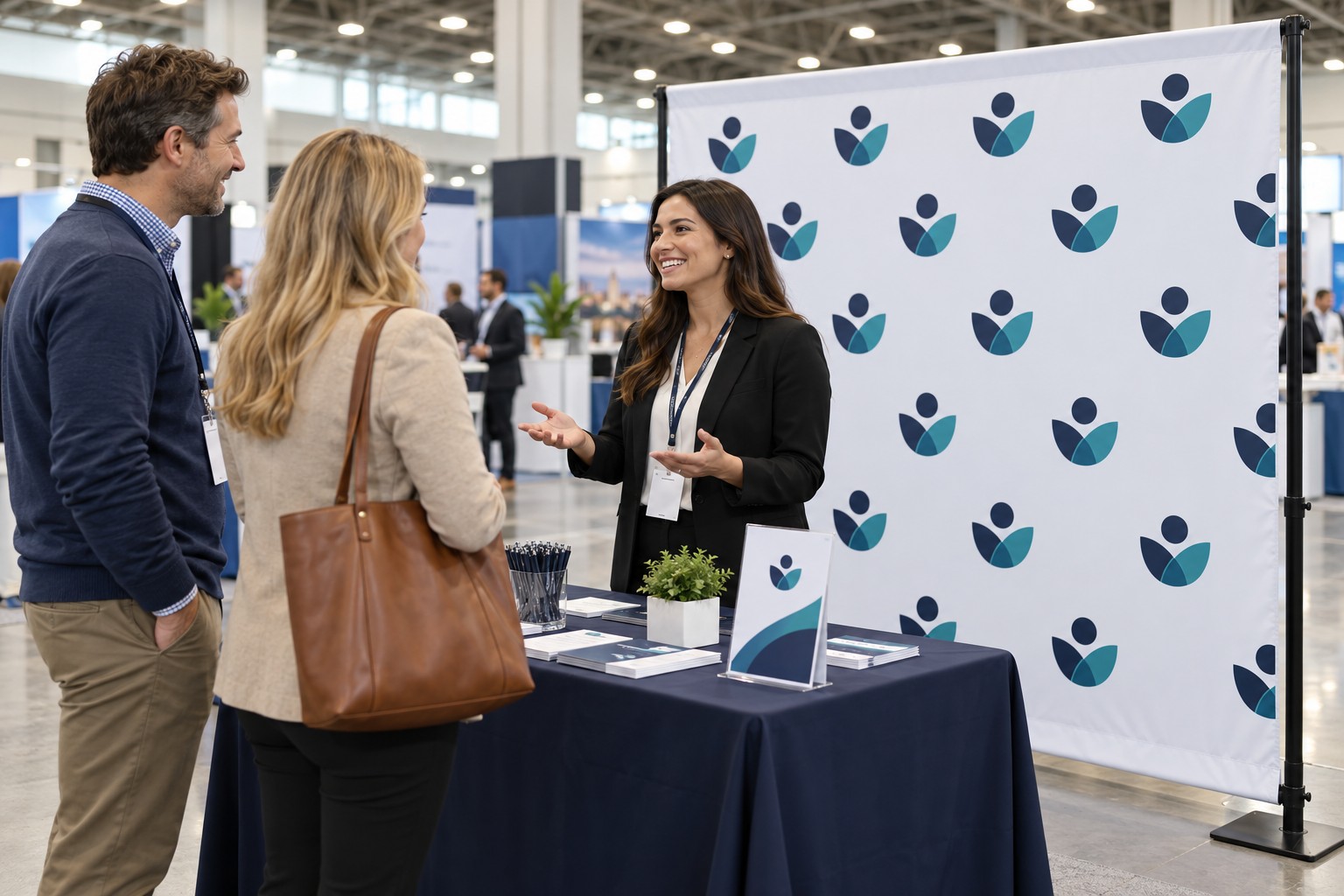 Visitor and staff at a trade show booth with a printed backdrop Visitor and staff at a trade show booth with a printed backdrop