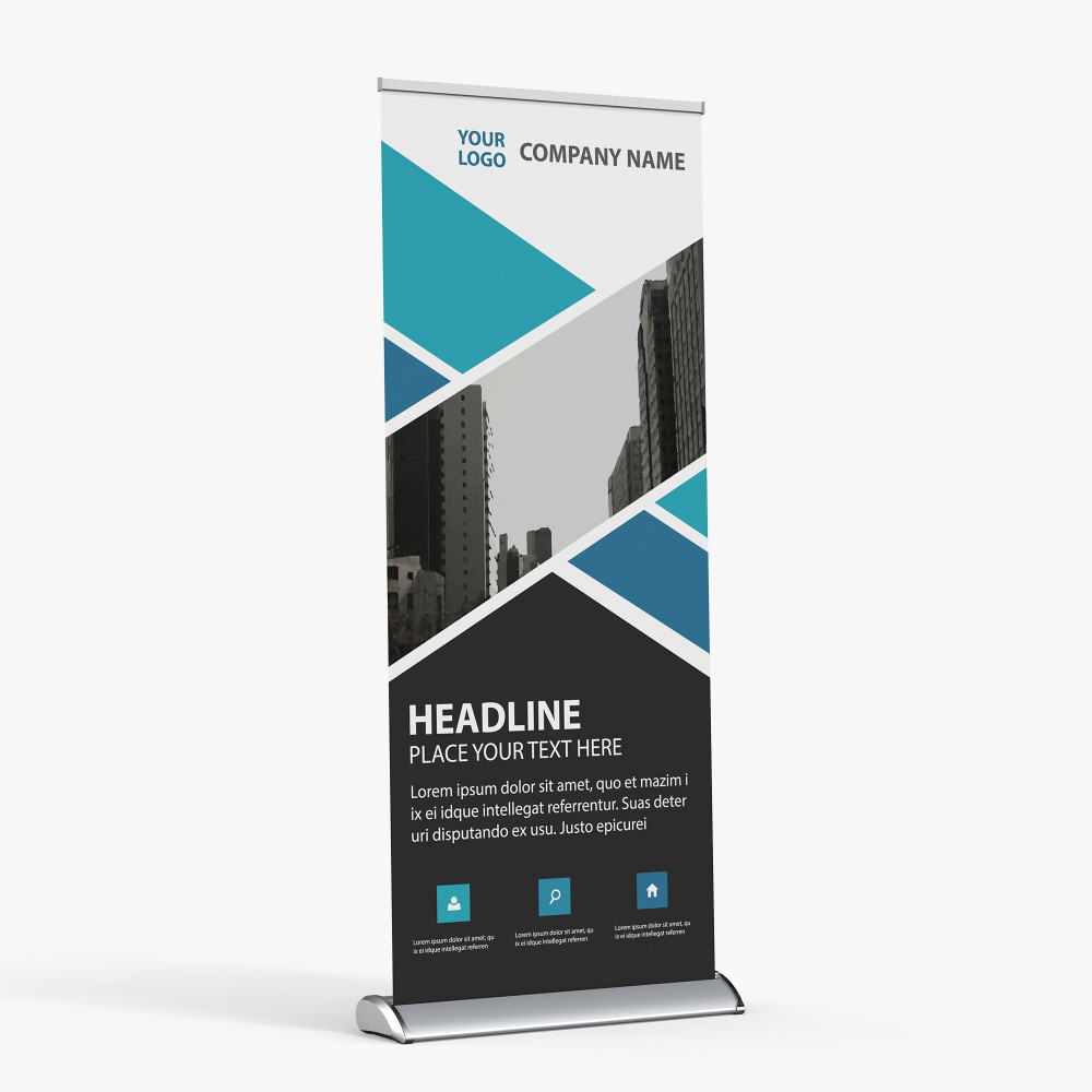 Deluxe retractable banner stand with a blue and gray company graphic Deluxe retractable banner stand with a blue and gray company graphic