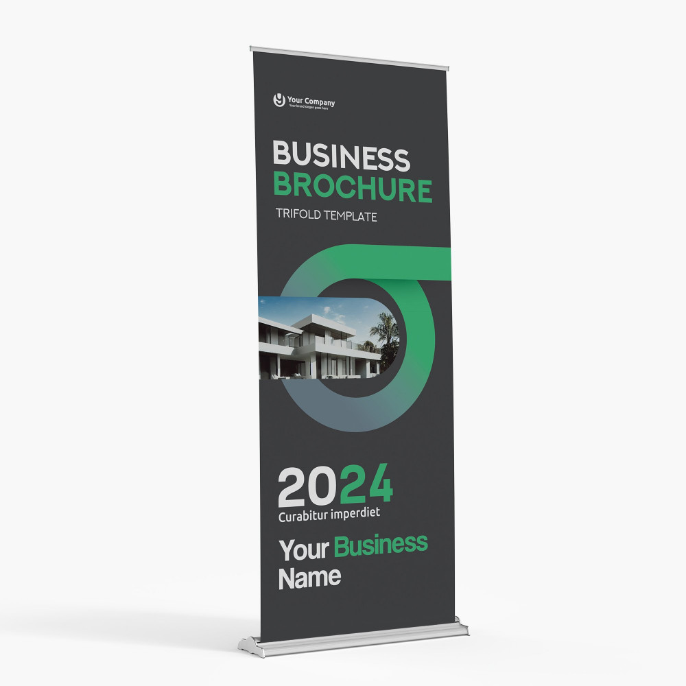Retractable banner stand with a black and green business brochure design Retractable banner stand with a black and green business brochure design