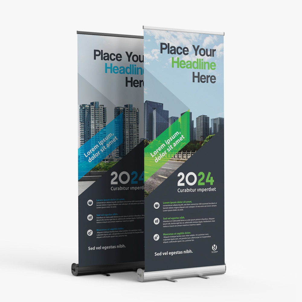 Two standard retractable banner stands with blue and green printed graphics Two standard retractable banner stands with blue and green printed graphics