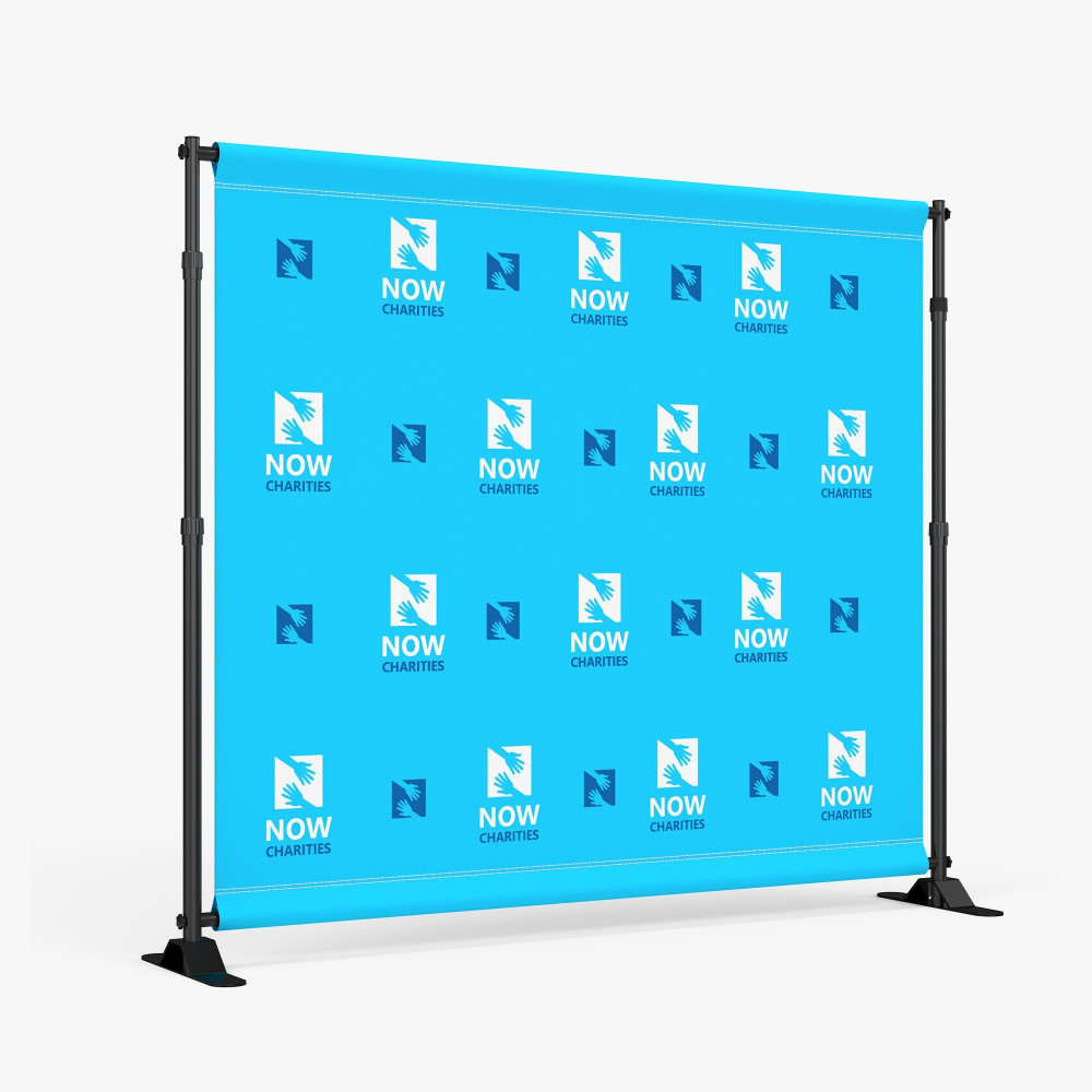 Turquoise step and repeat logo backdrop on a black adjustable stand Turquoise step and repeat logo backdrop on a black adjustable stand
