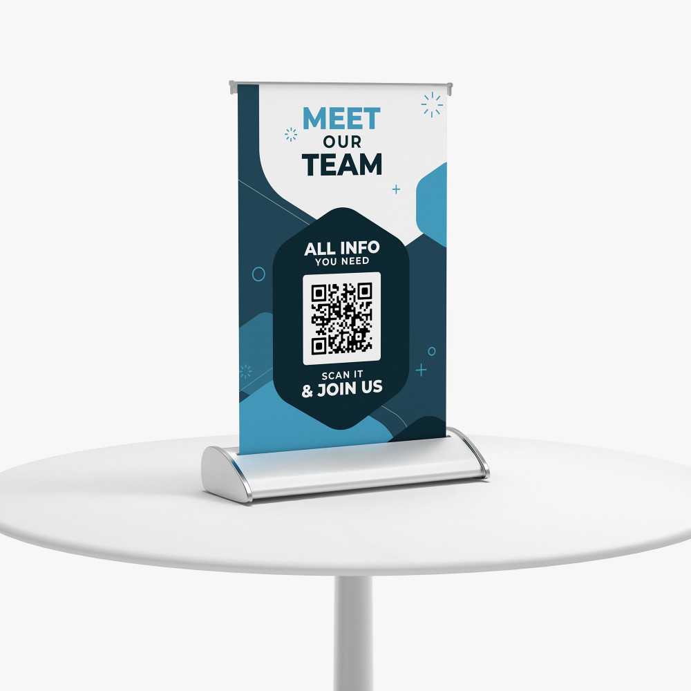 Tabletop retractable banner stand with a team introduction and QR code Tabletop retractable banner stand with a team introduction and QR code