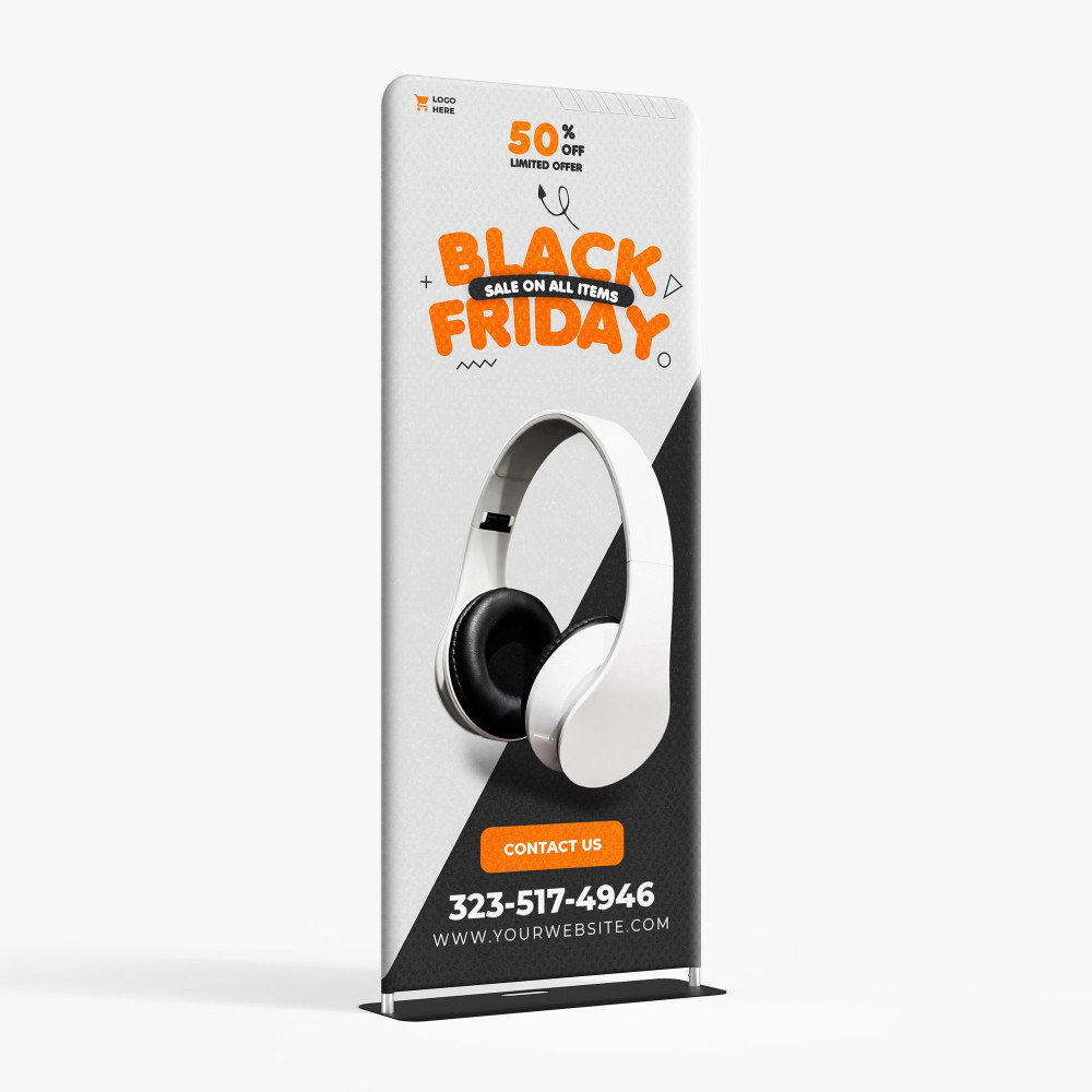 Tension fabric banner stand with a Black Friday headphone promotion Tension fabric banner stand with a Black Friday headphone promotion