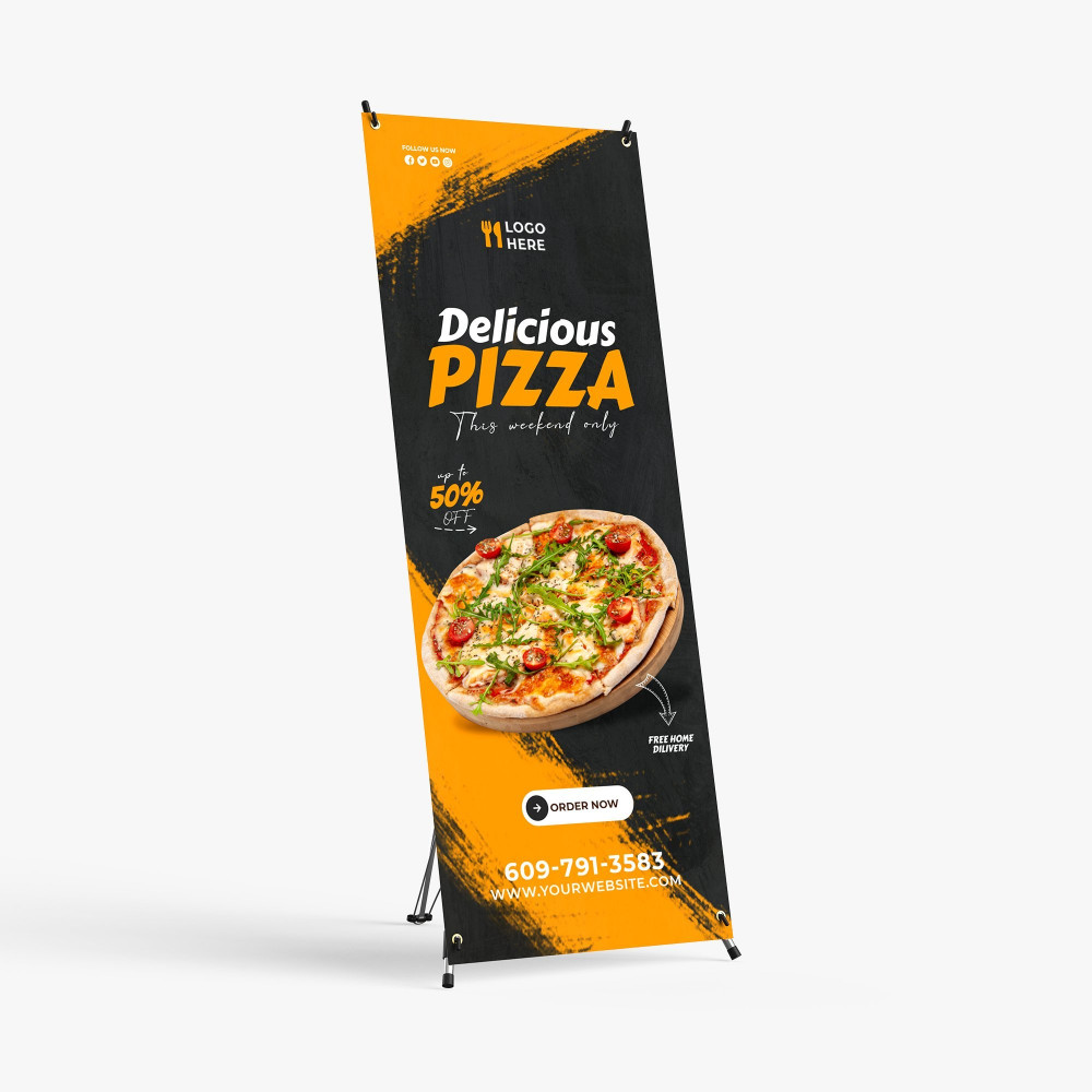 X-frame banner stand with an orange pizza restaurant promotion X-frame banner stand with an orange pizza restaurant promotion