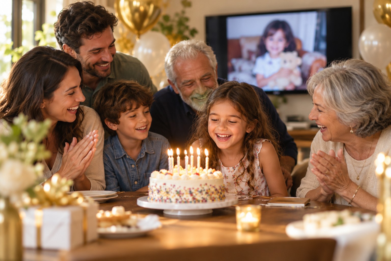 Family celebrating a birthday while home videos play on a television Family celebrating a birthday while home videos play on a television