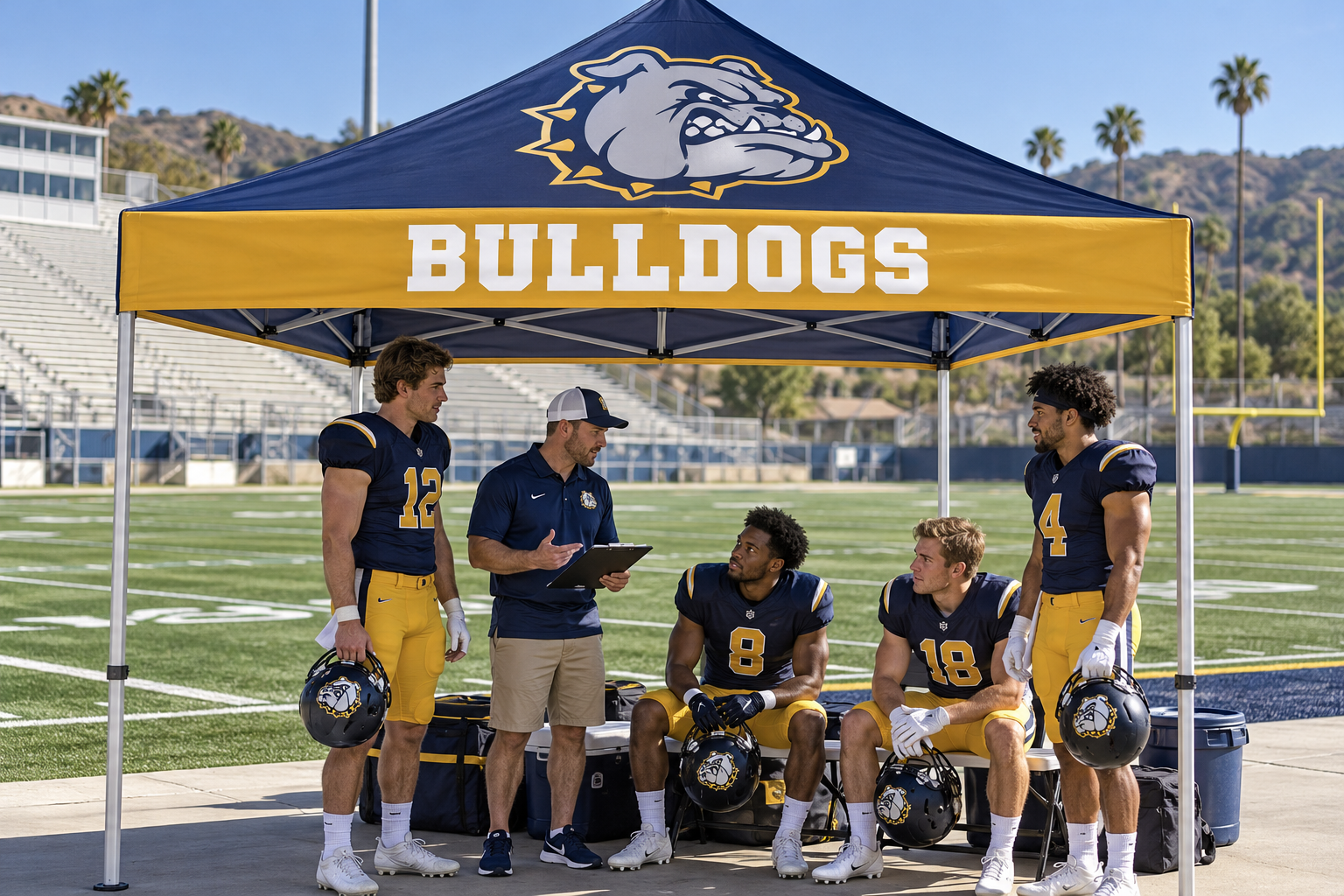 Navy and gold Bulldogs canopy tent with football players and a coach beside a sports field