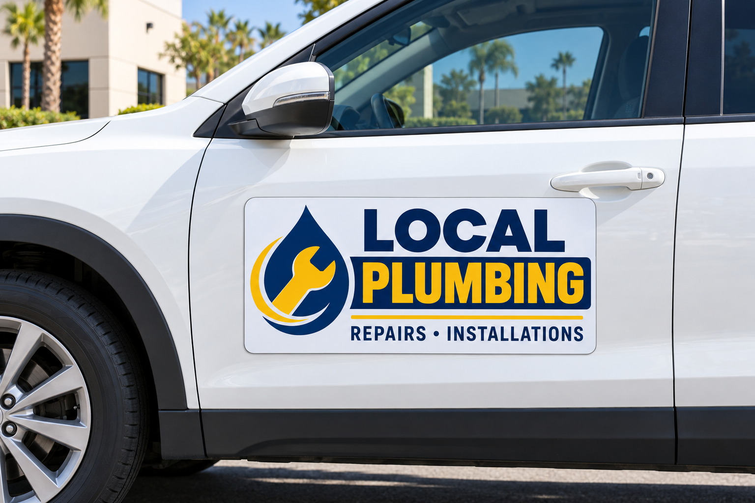 Local Plumbing business car magnet on a white vehicle door