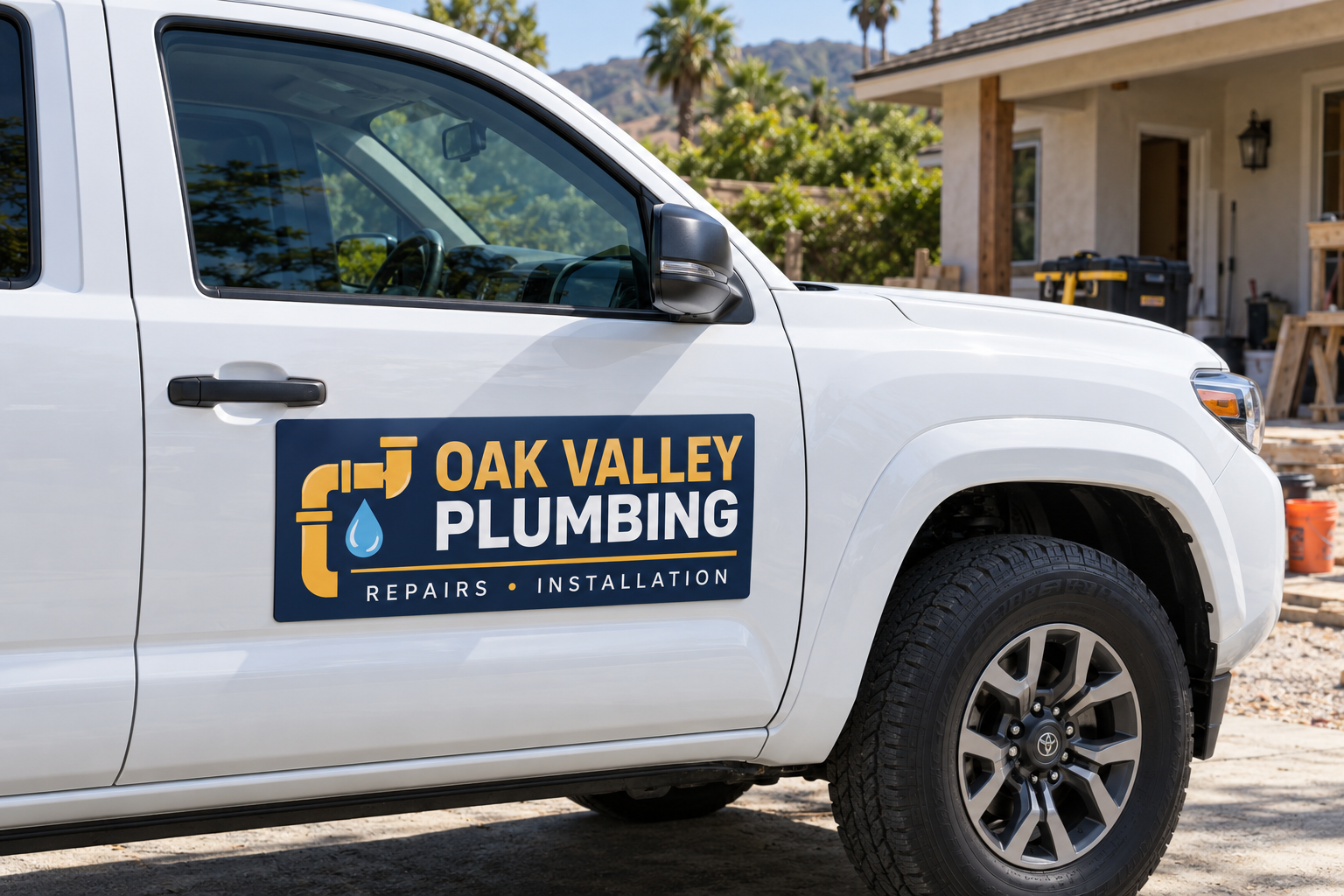 Custom navy and gold plumbing business car magnet on the door of a white work truck
