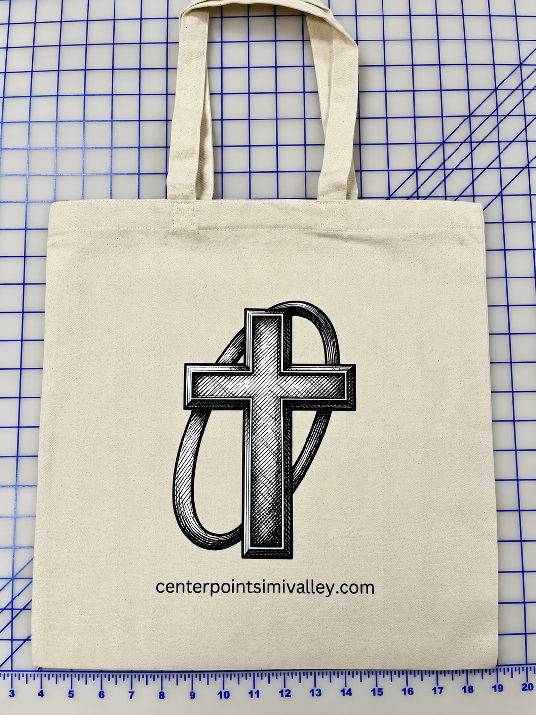 Natural-color tote bag printed with the Center Point Church cross logo and website address