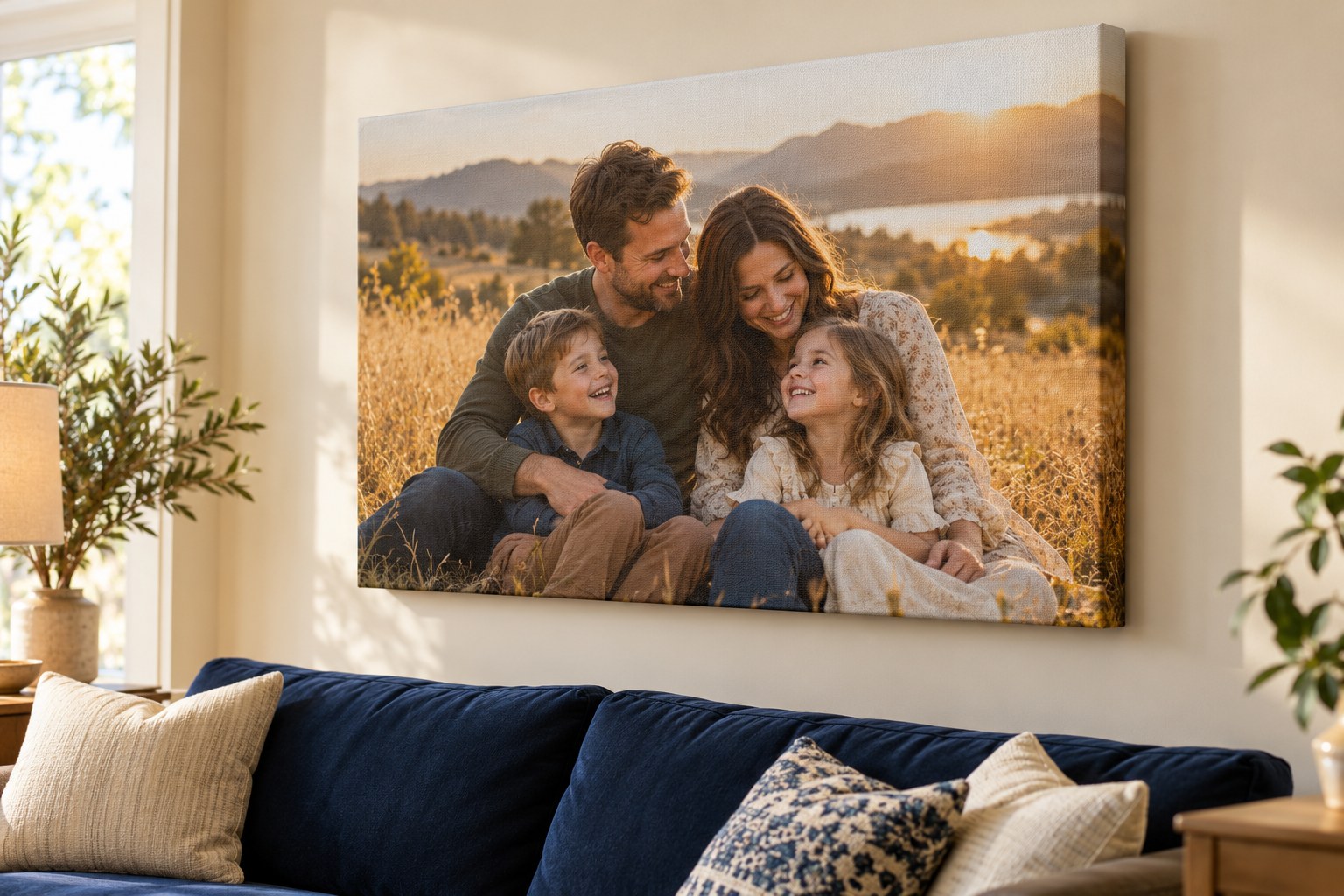 Family photo printed on canvas above a sofa