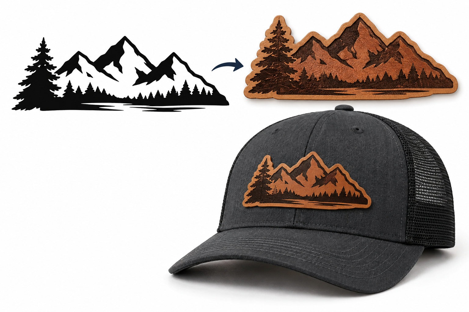 custom-die-cut-patch-hat Illustrative example of a logo custom die-cut into a leatherette patch and applied to a hat