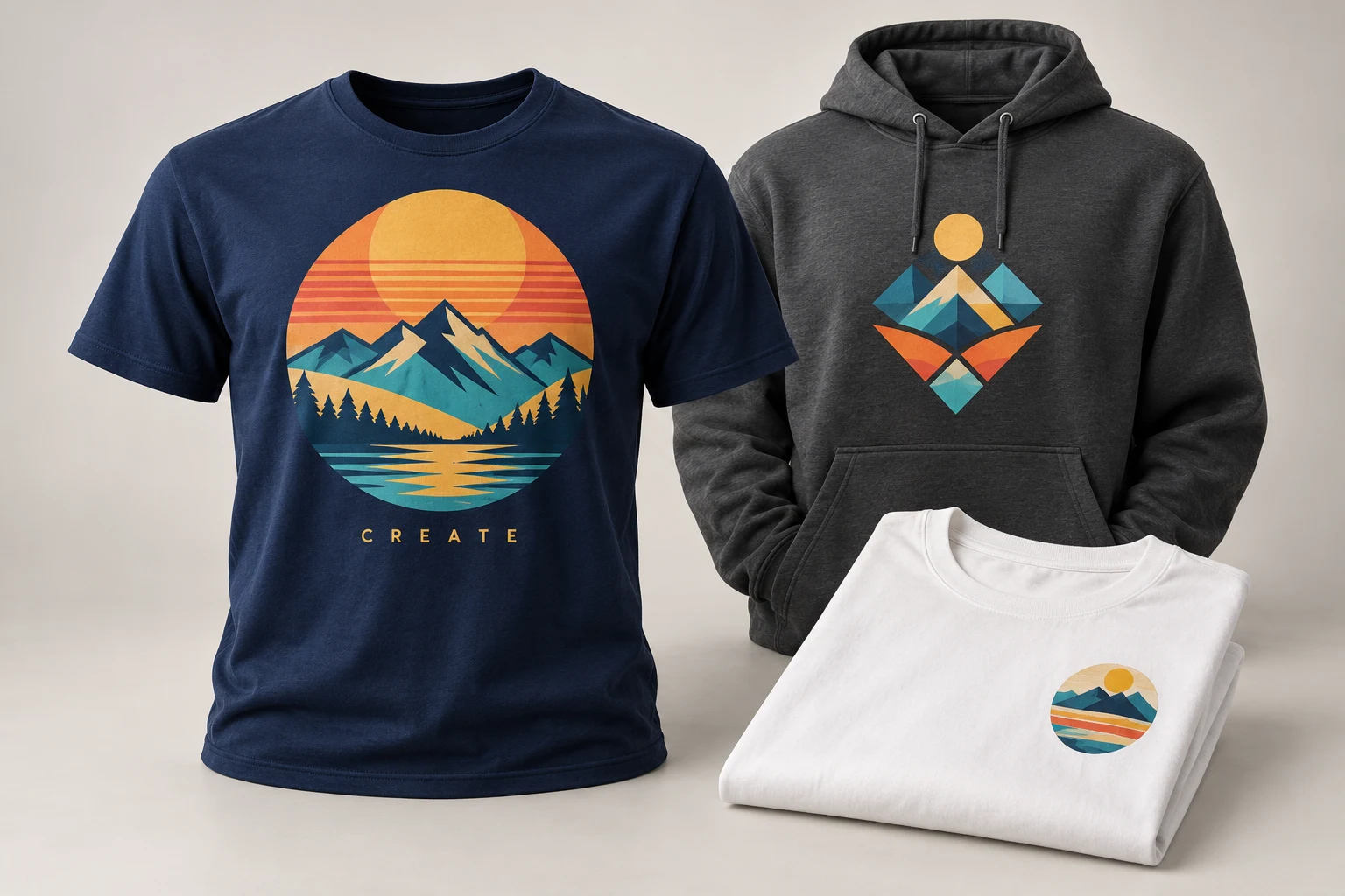 Illustrative mockup of navy and white printed T-shirts and a charcoal hoodie with colorful designs