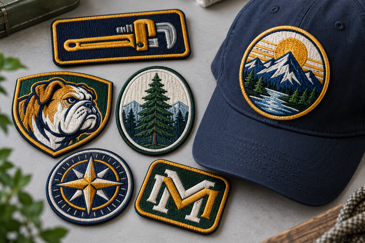 custom-patches-hero Embroidered logo patch examples with mountain, tree, bulldog and tool designs beside a navy patch hat