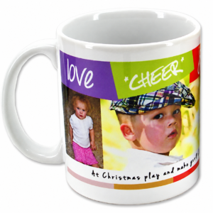 White personalized photo mug with colorful family photos and a printed message