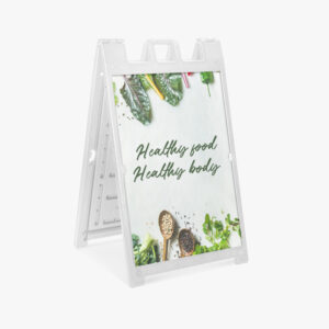 White and black Deluxe Signicade A-frame signs with printed promotional inserts