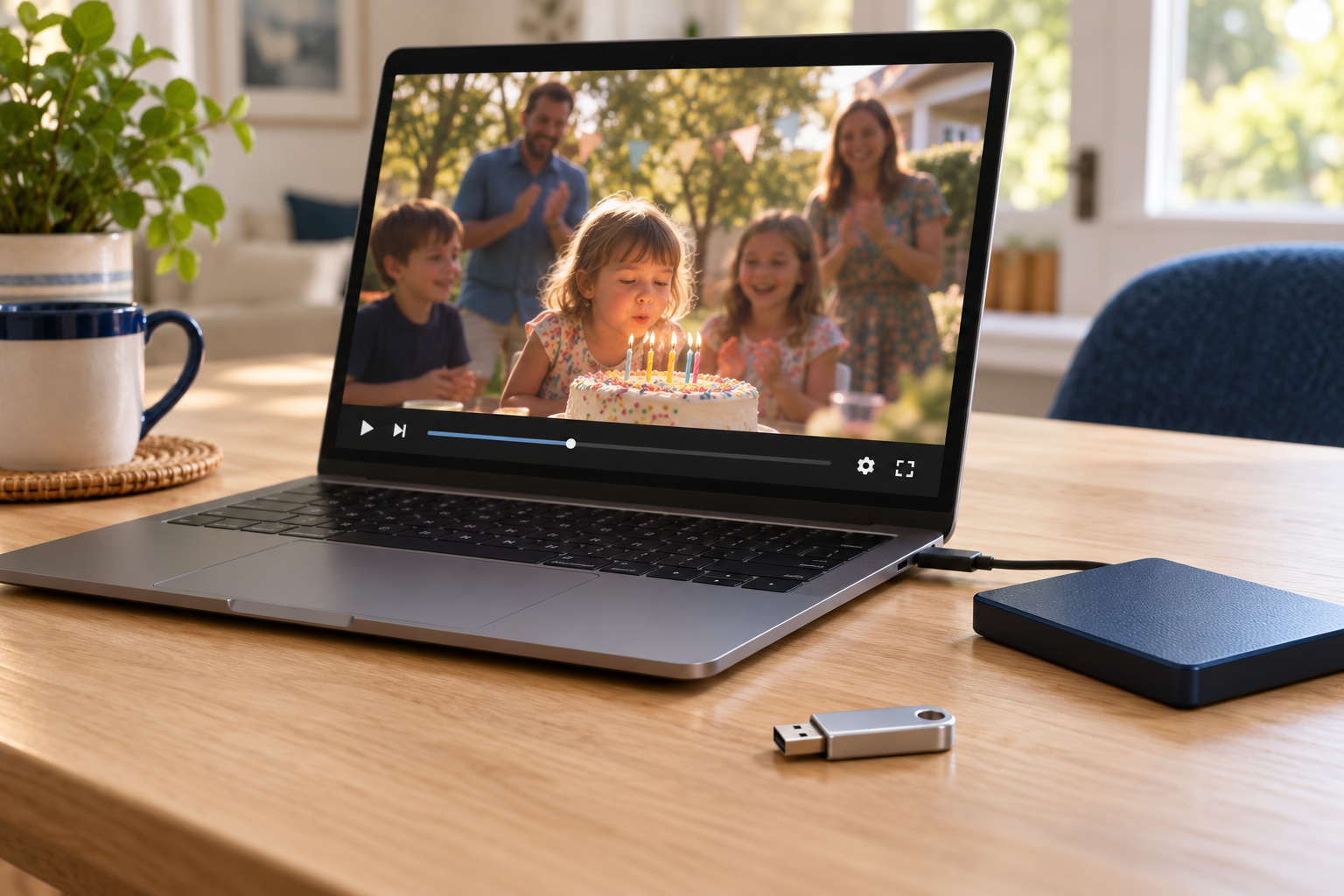 digital-home-video-files Illustrative photo of family home videos on a laptop with a USB drive and external hard drive