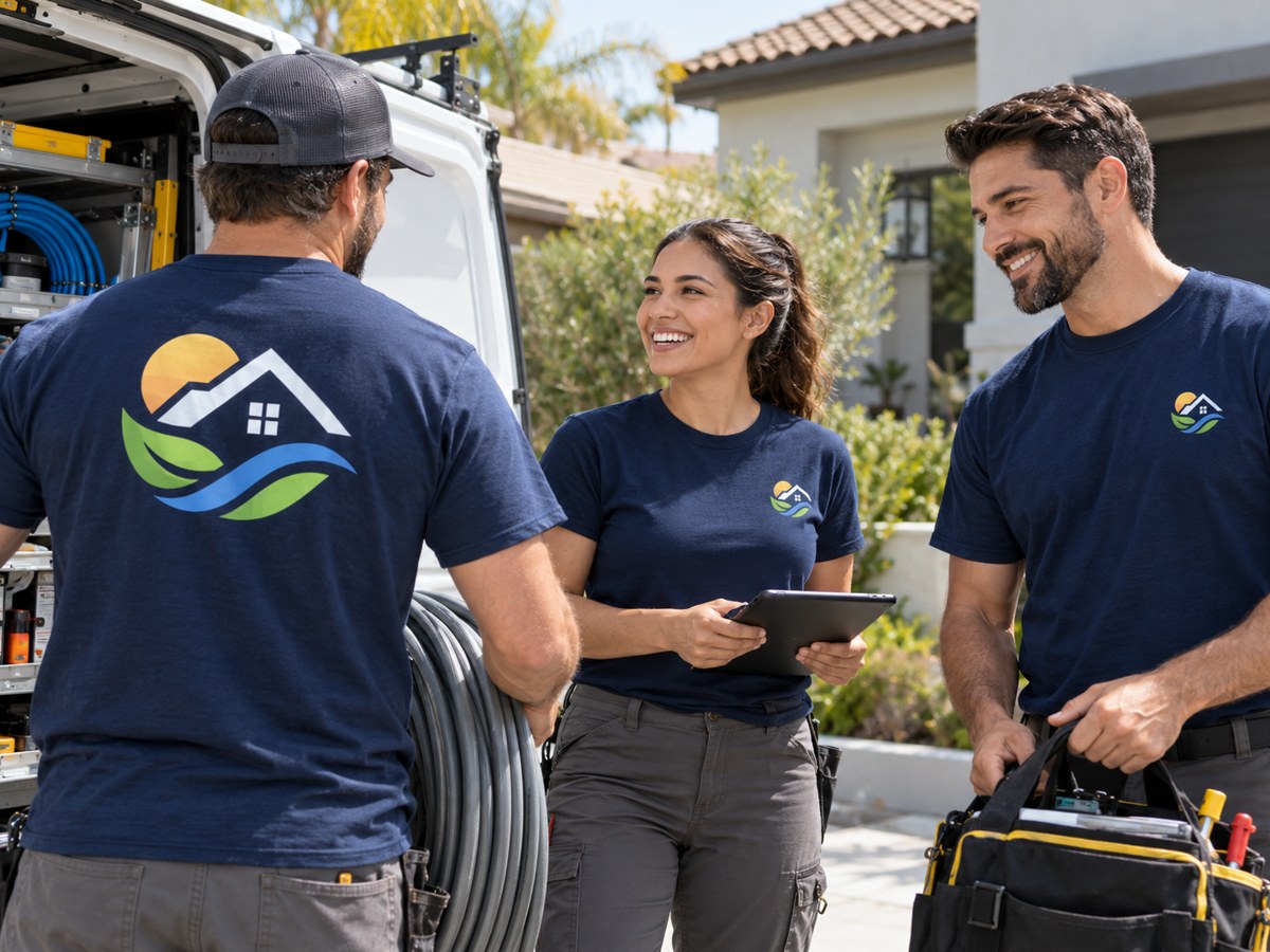 Illustrative work crew wearing navy company T-shirts with matching printed logos beside a service van