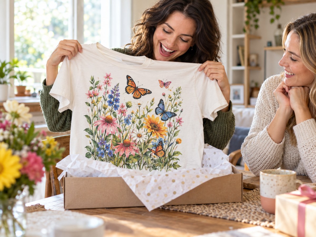 Illustrative recipient holding a custom floral and butterfly T-shirt received as a gift