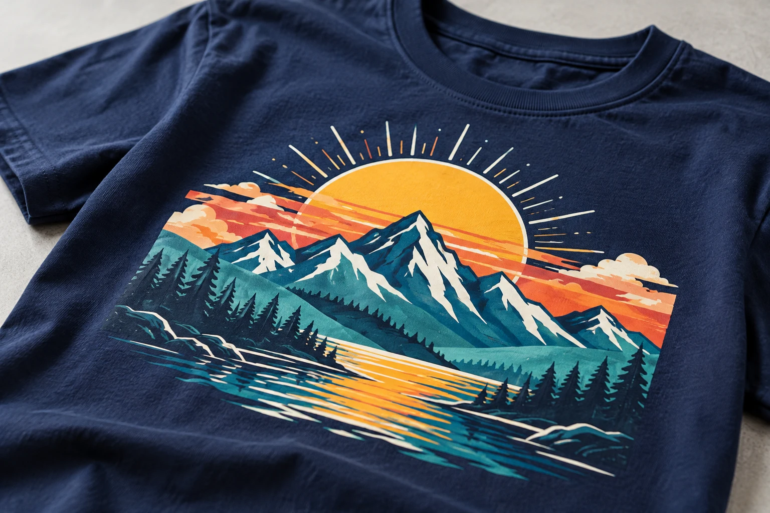 Illustrative close-up of a full-color mountain graphic applied to a navy T-shirt