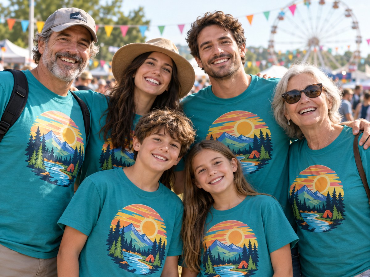 Illustration of a group wearing matching colorful printed T-shirts at an outdoor event