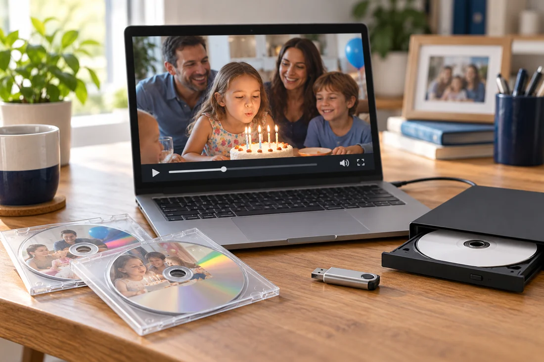 Illustrative personal DVDs beside a laptop showing a family video, an optical drive, and a USB drive