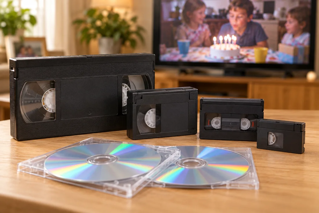 VHS tapes and optical discs beside a television showing home movies VHS tapes and optical discs beside a television showing home movies