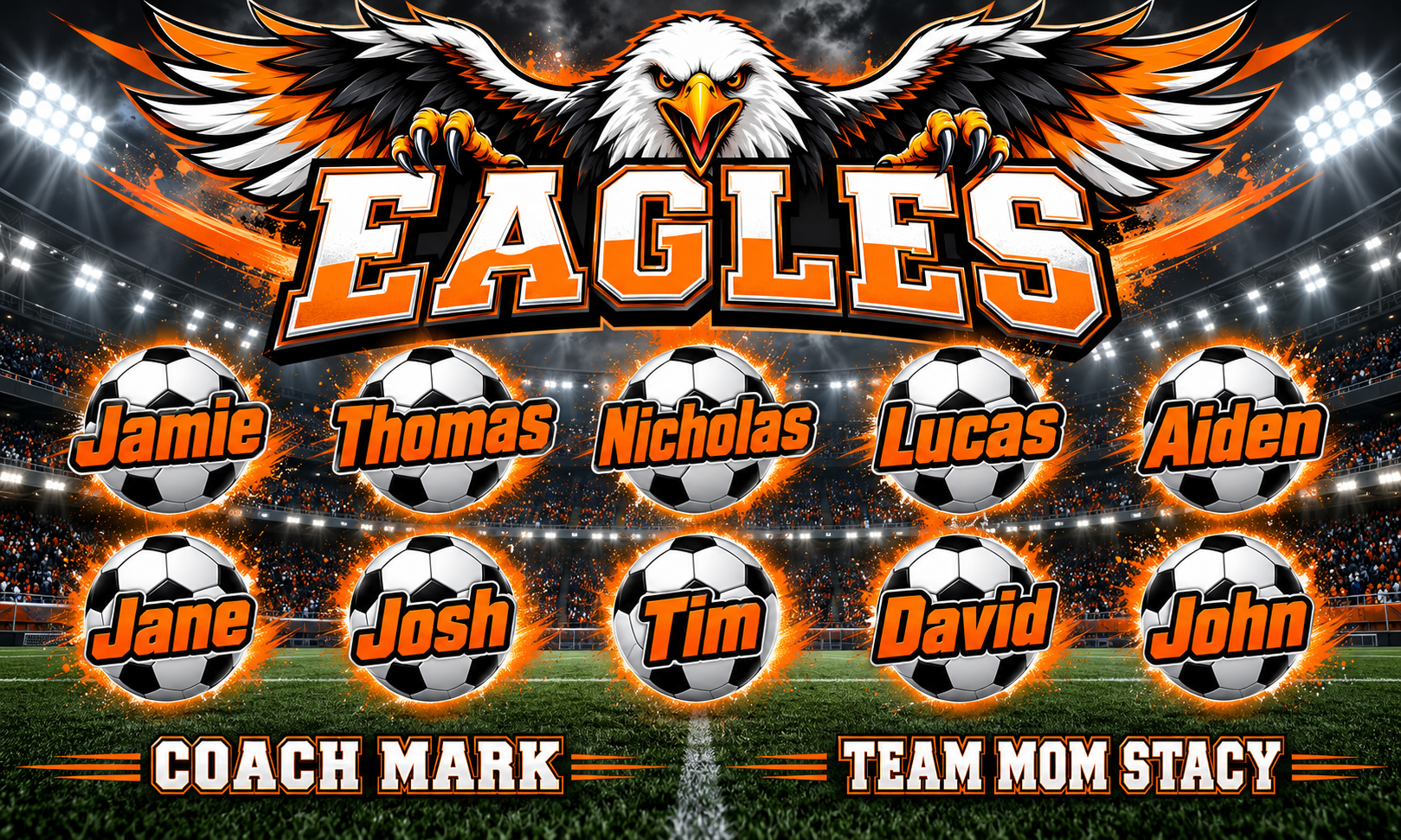 eagles-soccer-banner-hero Eagles youth soccer team banner in black, white and orange with player names