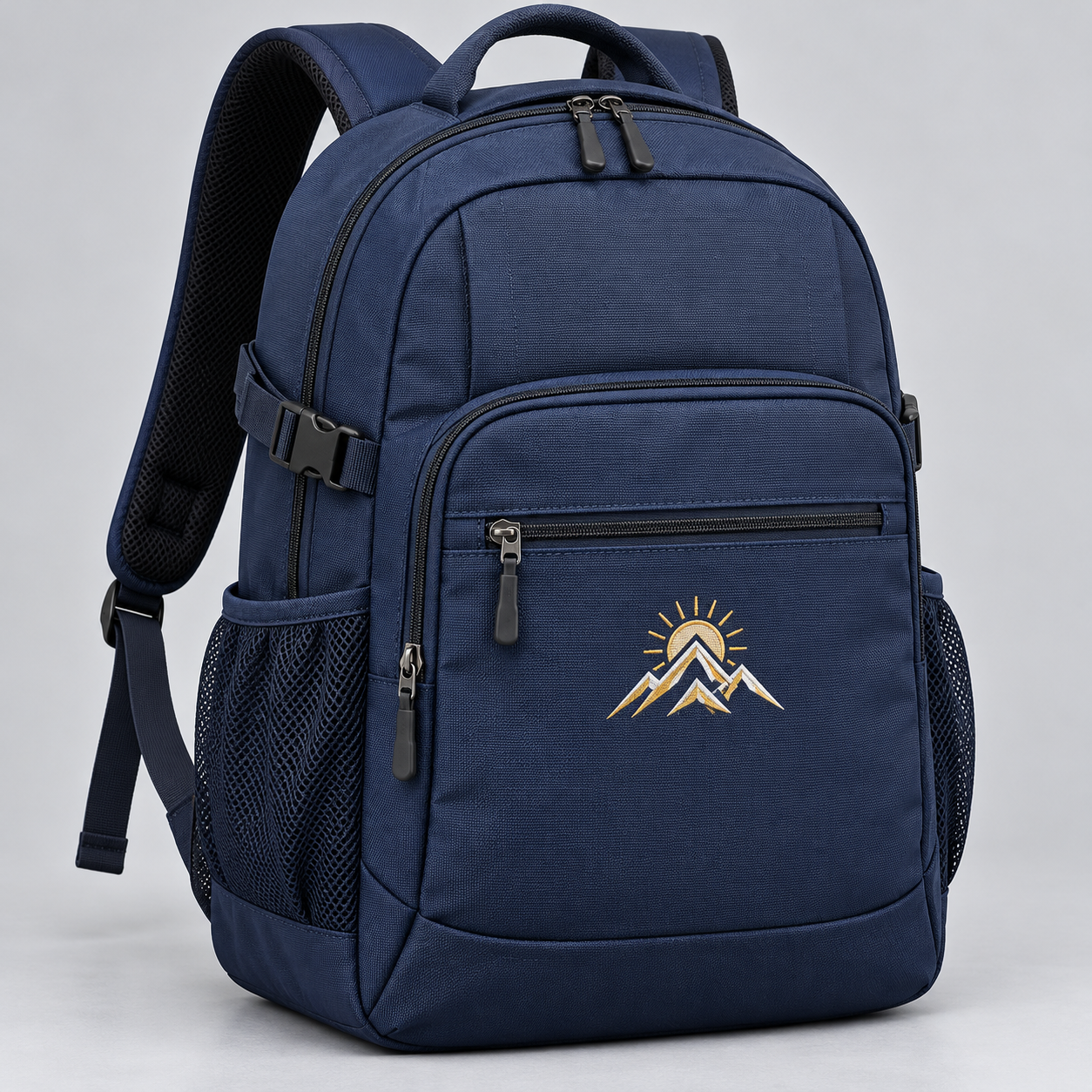 Navy backpack with an embroidered mountain logo Navy backpack with an embroidered mountain logo
