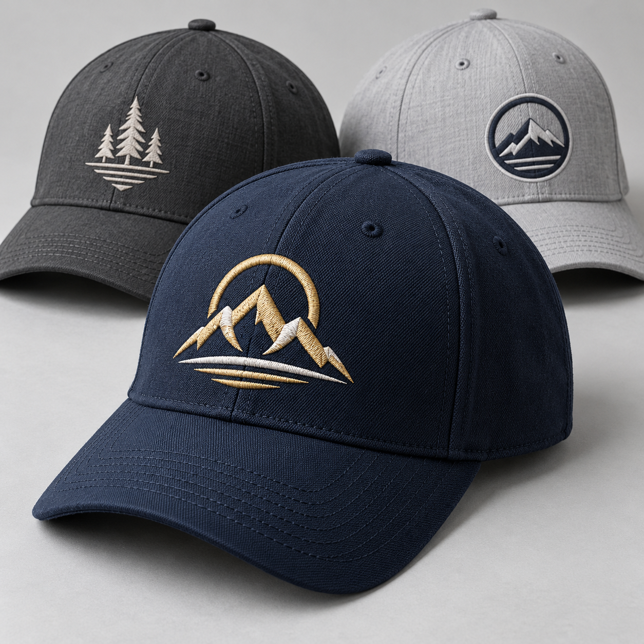 Black, gray and navy caps with embroidered logo designs Black, gray and navy caps with embroidered logo designs