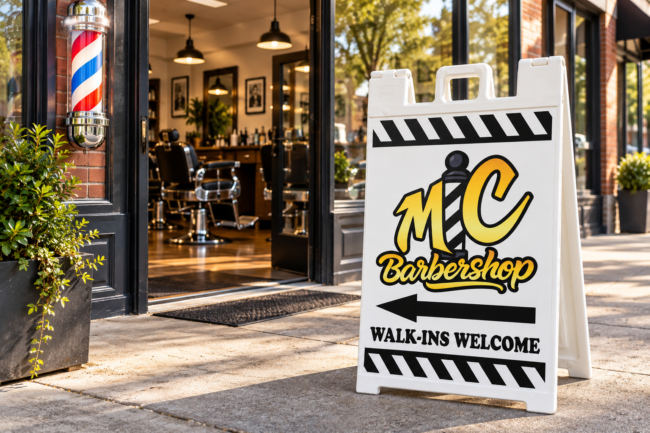 MC Barbershop A-Frame Sign Outside Barber Shop MC Barbershop A-frame sidewalk sign with a left-pointing arrow outside a barber shop entrance — illustrative composite.