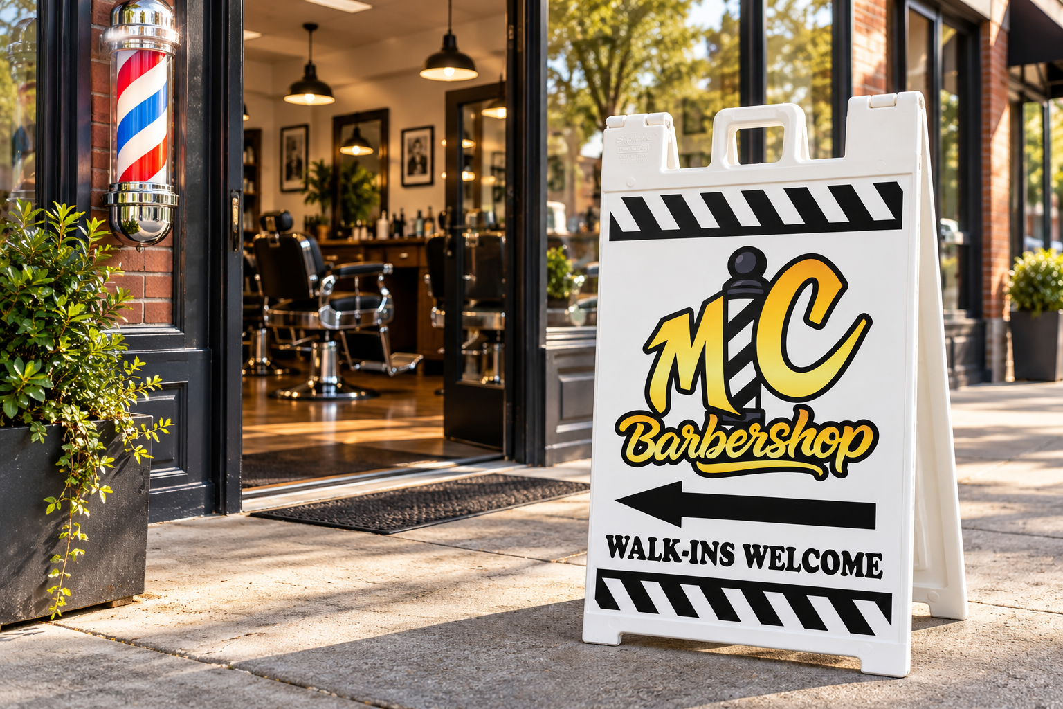 MC Barbershop A-frame sign outside a barber shop — illustrative composite