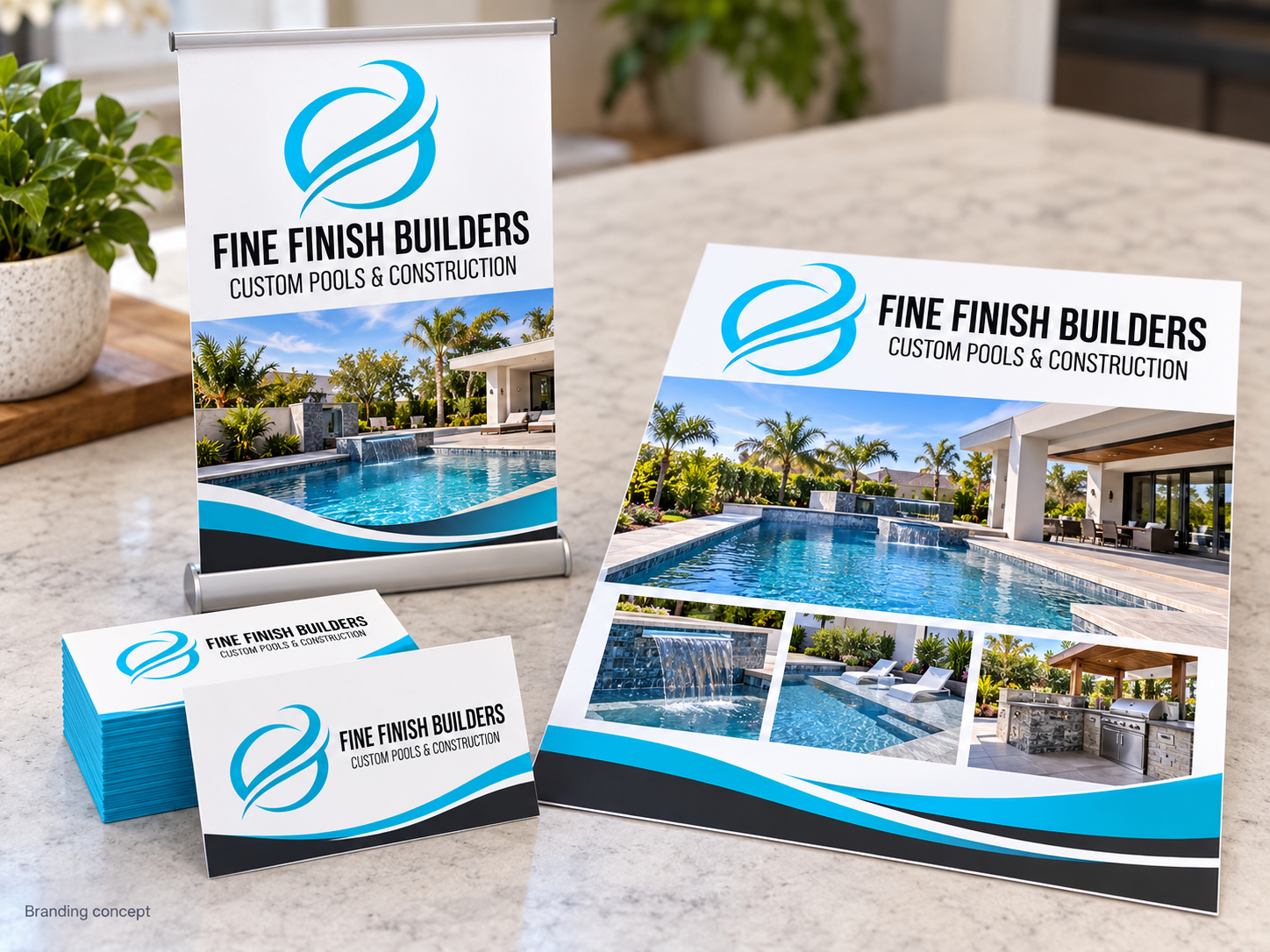 Illustrative branding concept showing Fine Finish Builders business cards, a flyer and a tabletop banner; not completed customer projects.